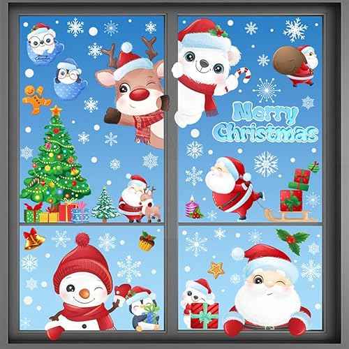 192Pcs Christmas Window Clings for Glass Windows, 9 Sheet Christmas Window Stickers Santa Claus Snowman Reindeer for Xmas Holiday Indoor Decals Party Supplies