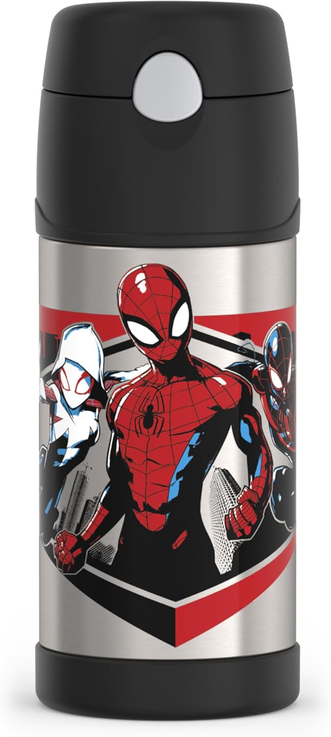 THERMOS FUNTAINER Water Bottle - 12 Ounce Stainless Steel Vacuum Insulated Kids Bottle with Straw | Spiderman Design