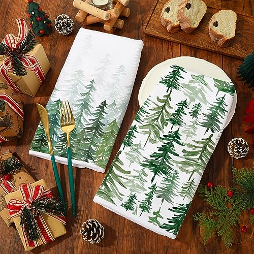Christmas Kitchen Dish Towels - Watercolor Pine Tree Pattern, 2 Pack, 18 x 28 Inches