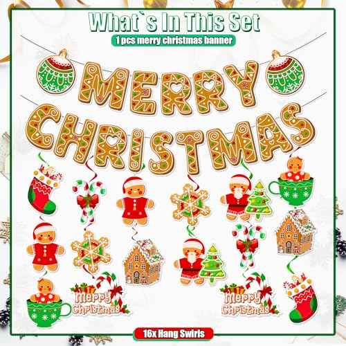 LARRAZABAL Gingerbread Banner, Gingerbread Christmas Decor Include Christmas Banner and Gingerbread Hanging Swirl, Christmas Party Supplies Decorations