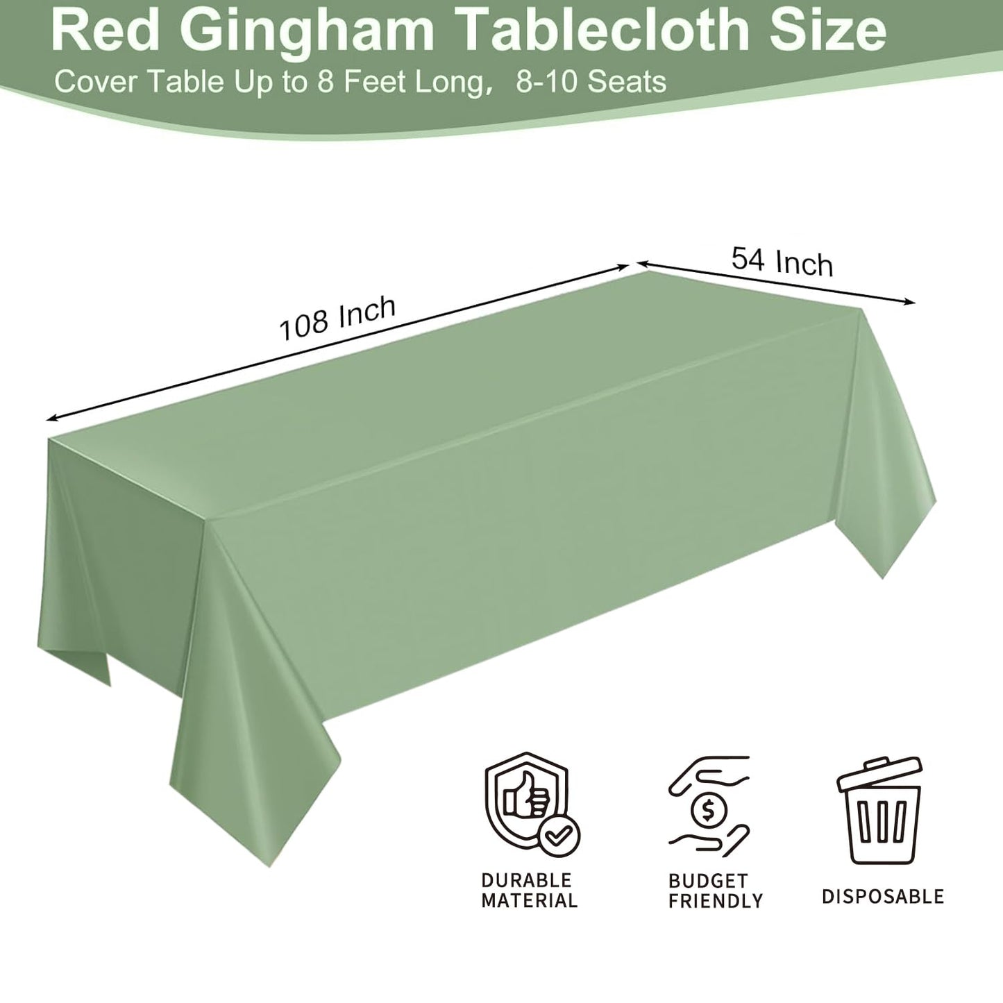 Kilyparty 6 Pack Sage Green Plastic Tablecloths for Rectangle Tables Waterproof Sage Green Table Cover for Birthday Bridal Wedding Baby Shower Party Decorations, 54 X 108Inch