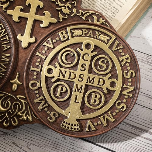 16 Inch Wooden Saint Benedict Wall Decor Medal Pendant Handmade Gold Finish