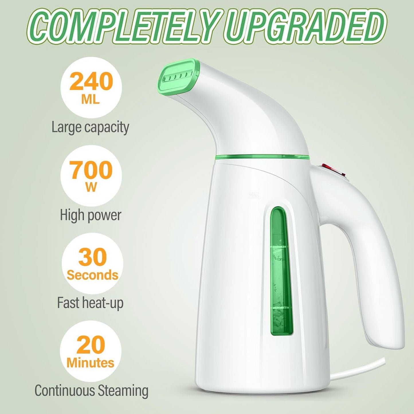 OGHom Portable Handheld Clothing Steamer - 700W Fast Heat Up, 240ml Capacity | Soft Green