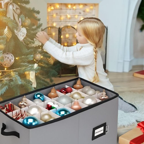 Christmas Ornament Storage Container | Large Organizer Bin with Dividers - Stores Up to 54 Ornaments, Adjustable, Grey