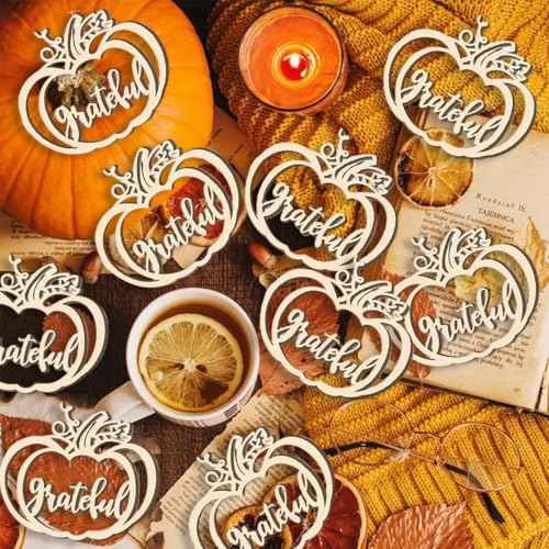 24 Pcs Fall Thanksgiving Pumpkin Wooden Plate Decor Cutouts Thankful Blessed Place Cards Wood Signs Hanging Ornament Table Decorations for Autumn Harvest Home Tabletop Plate Supplies