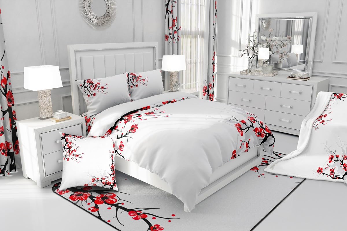 Japanese Duvet Cover King Size,Adult Women Spring Cherry Blossom Comforter Cover Asian Botanic Themed Pattern Fresh Organic Art Bedding Set, Branch of Red Flowers Decorative Bedspreads White Black