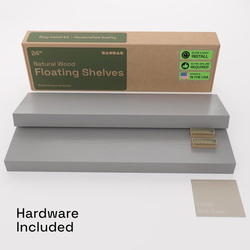 BAOBAB WORKSHOP Wood Floating Shelves - Rustic 24-Inch Grey Solid Wood Wall Shelves | Set of 2 for Home Decor