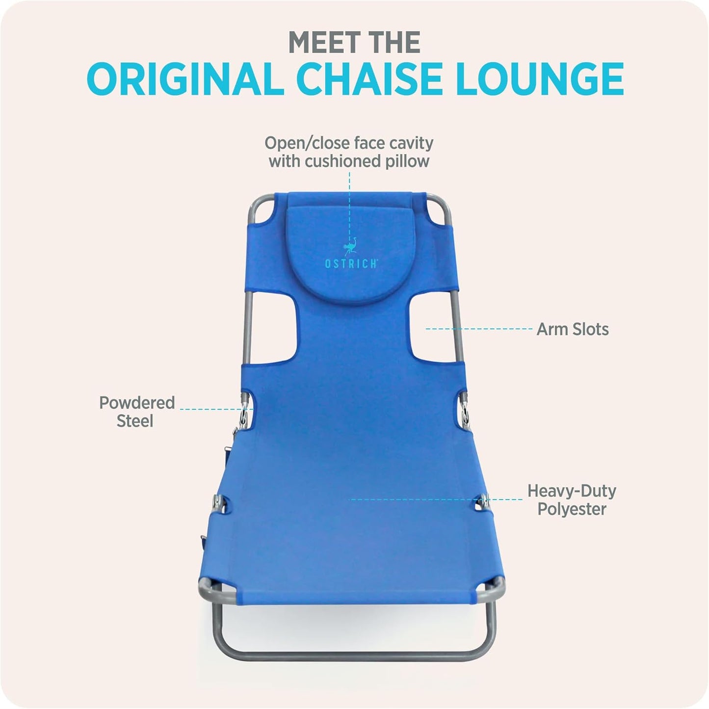 Ostrich Original Chaise Lounge - 72 x 22 Inch Portable Reclining Chair for Beach, Patio & Pool - Ocean Blue