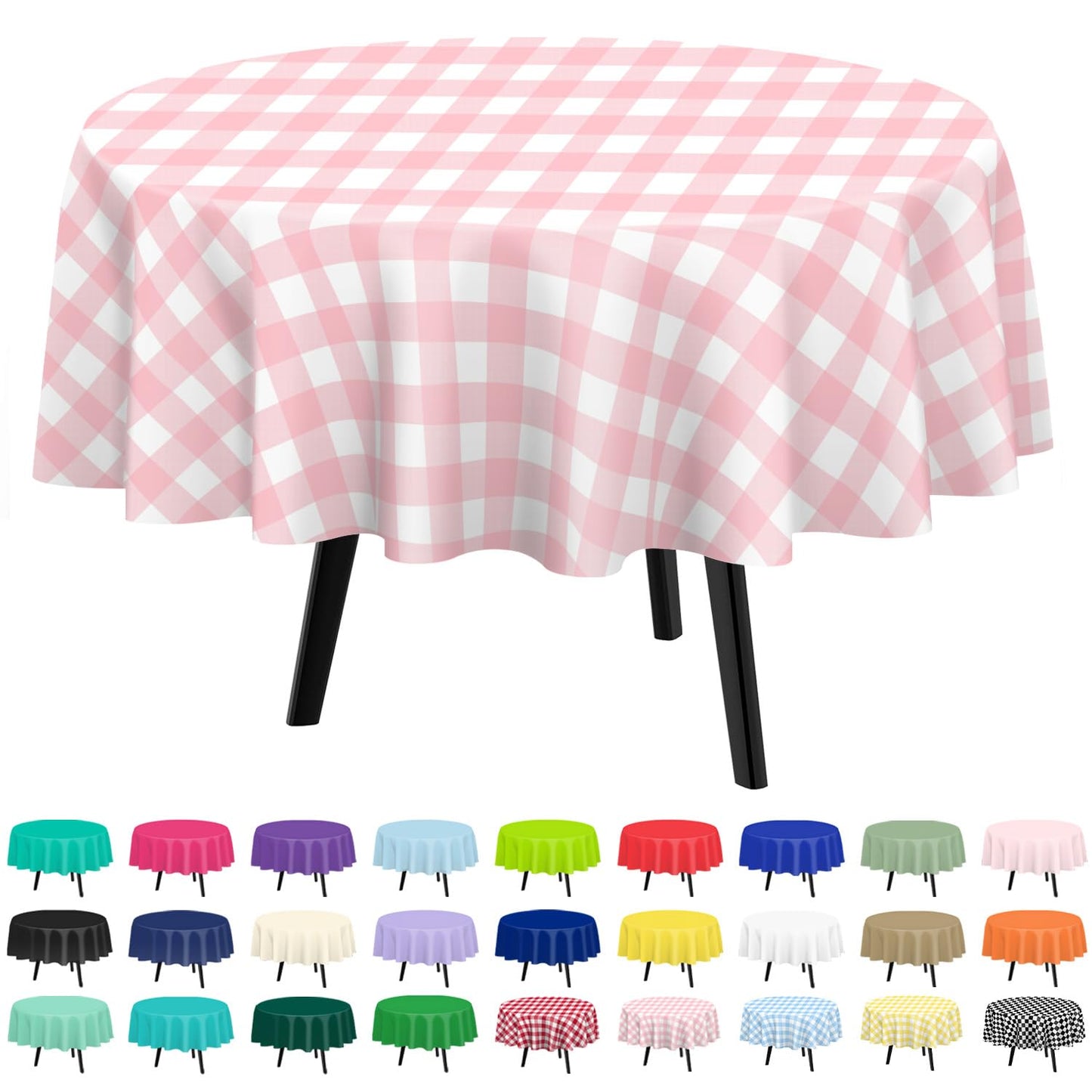 QIKSION Pink Gingham Round Tablecloth 2 Pack, 84 Inch Plastic Checkered Table Cover Disposable for Parties