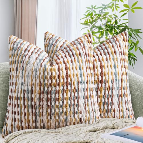 Set of 2 Boho Chenille Pillow Covers 18x18 Inches Brown - Decorative Cushions