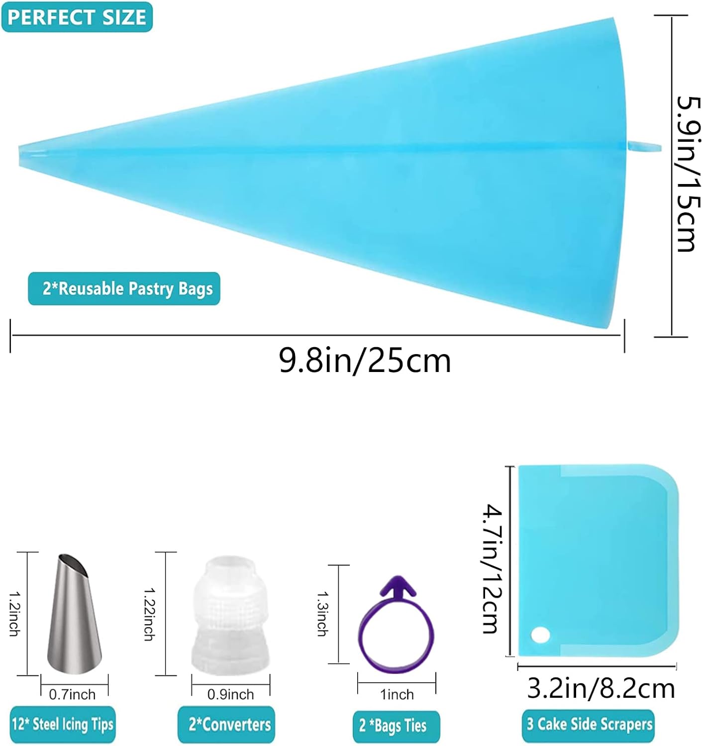 Skiennix Piping Bags and Tips Set - 12-Inch Reusable Icing Bags with 12 Frosting Tips & Accessories