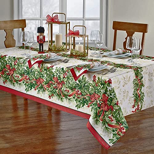 Newbridge 120x60 Inch Christmas Holly Ribbon Tablecloth - Holiday Festive Decor