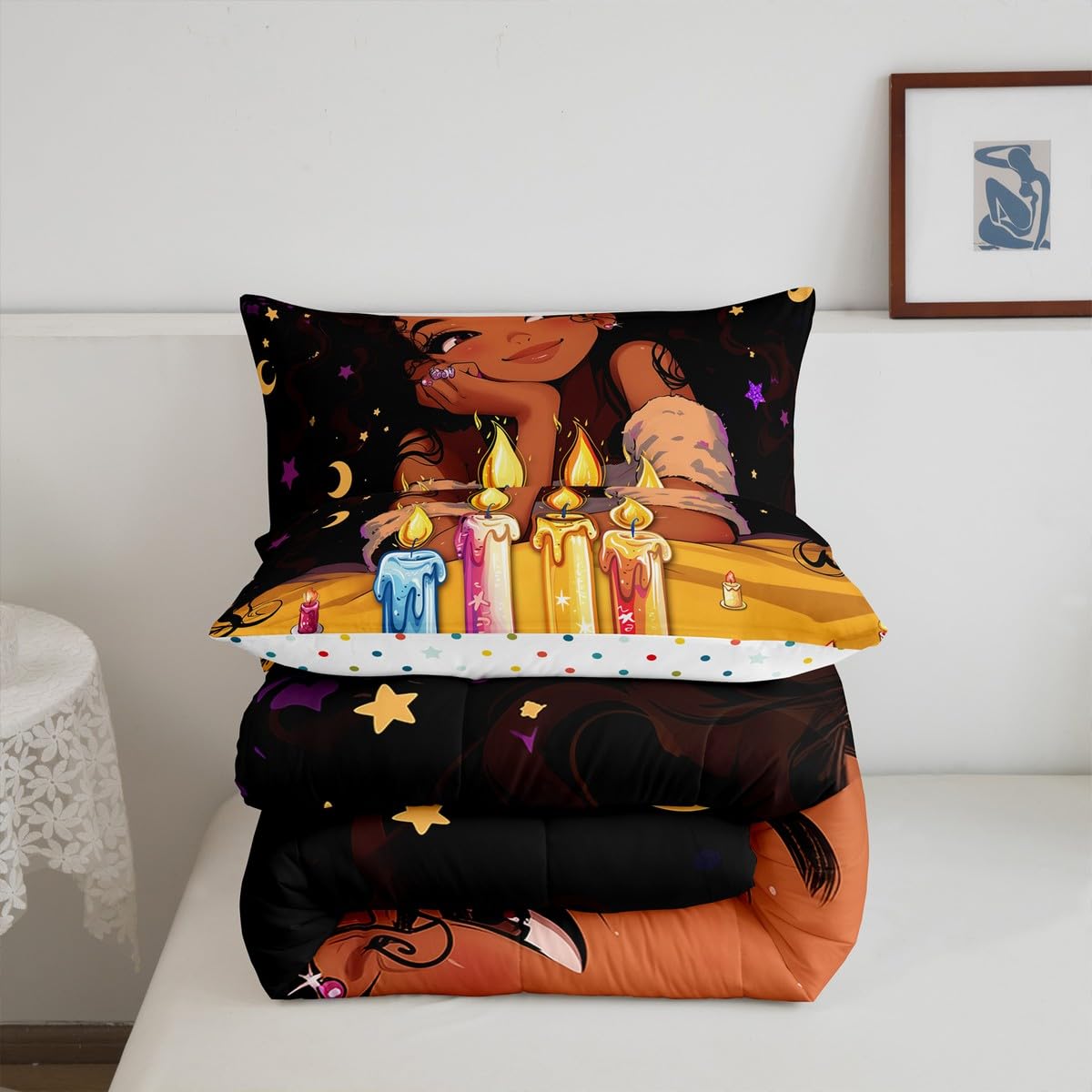 Afro-American Girl King Comforter Set for Little Girl,Afro Kid Princess Melanin Bedding Comforter Sets,Toddlers American Black Girls Quilt for Girls Bedroom,Happy Birthday Candle Gift