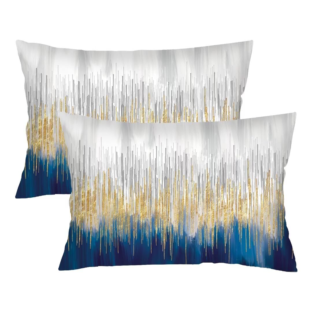 Blue Grey and Gold Art Painting Throw Pillow Cover Queen Size Set of 2,Abstract Lumbar Pillow Case Decorative Standard Pillow Cases with Zipper Modern Style Cushion Covers for Bed,Sofa,Couch,20"x30"