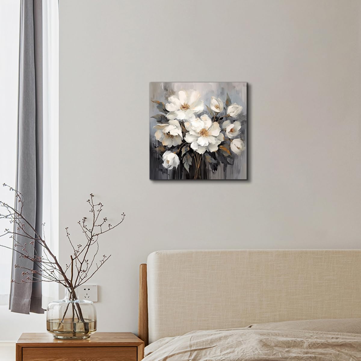AnZhongArt Bathroom Wall Art, Gray and White Flower Decoration, 30x30inches
