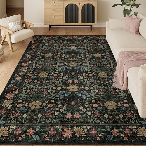 6x9 Vintage Floral Area Rug - Washable Faux Wool Living Room Carpet - Black