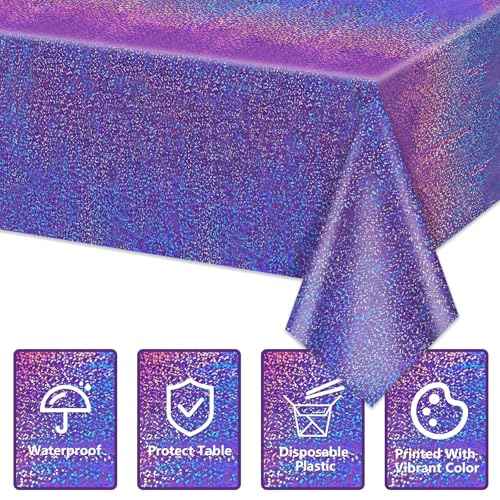 4Pcs Purple Holographic Tablecloths Rectangular Purple Iridescent Tablecloth Shimmer Metallic Table Covers for Butterfly Mermaid Party Birthday Wedding Christmas Holiday Party Decorations, 54x108Inch