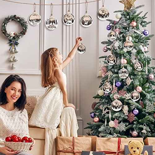 Jetec 6 Pcs Christmas Ornaments for Tree Wooden Christmas Hanging Decorations Rustic Hollow Woodland Reindeer Snowflake for Tree Winter Farmhouse Party Decor Home(Round Style)