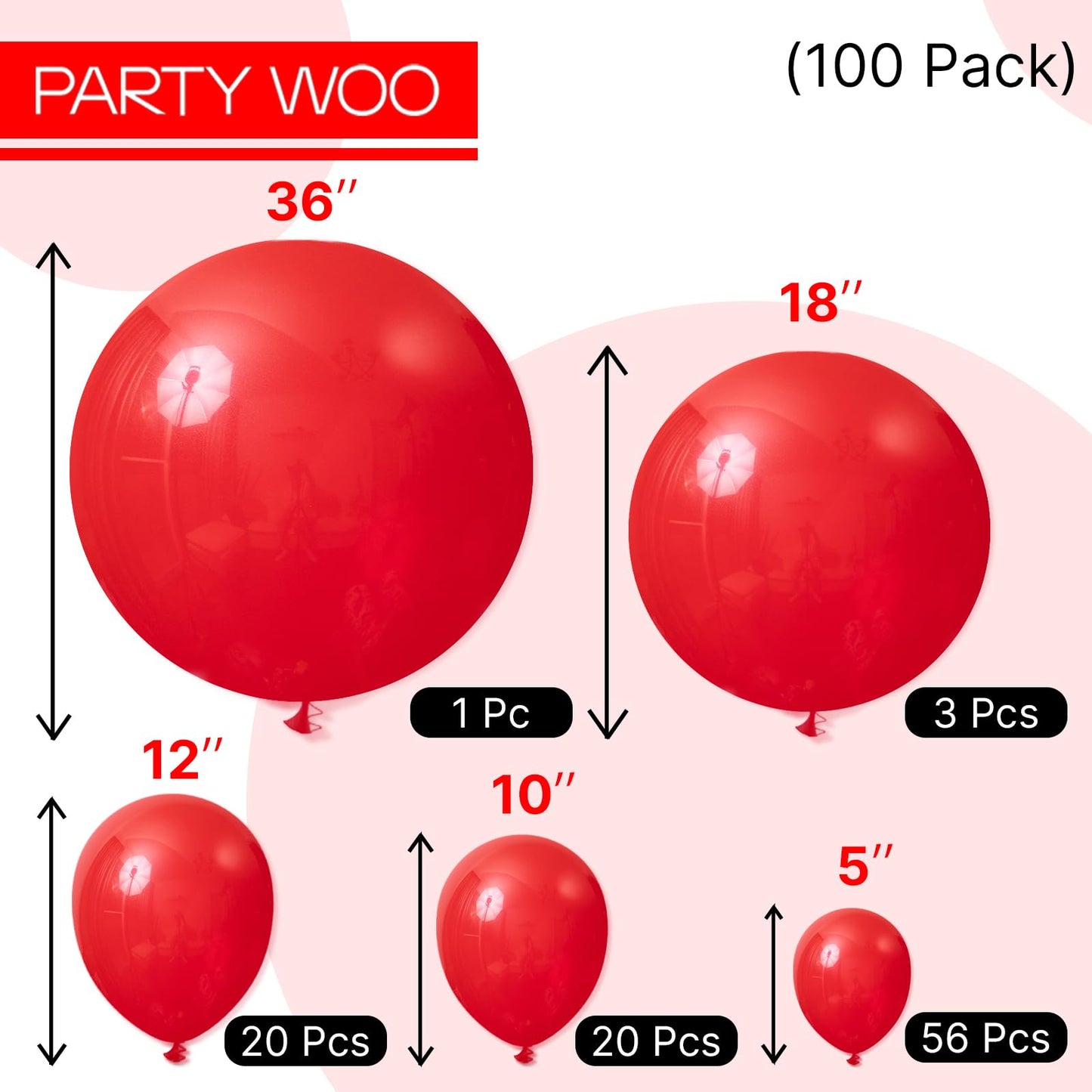 PartyWoo Red Balloons, 100 pcs Matte Balloons Different Sizes Pack of 36 Inch 18 Inch 12 Inch 10 Inch 5 Inch Latex Balloons for Balloon Garland or Balloon Arch as Party Decorations, Red-Y57