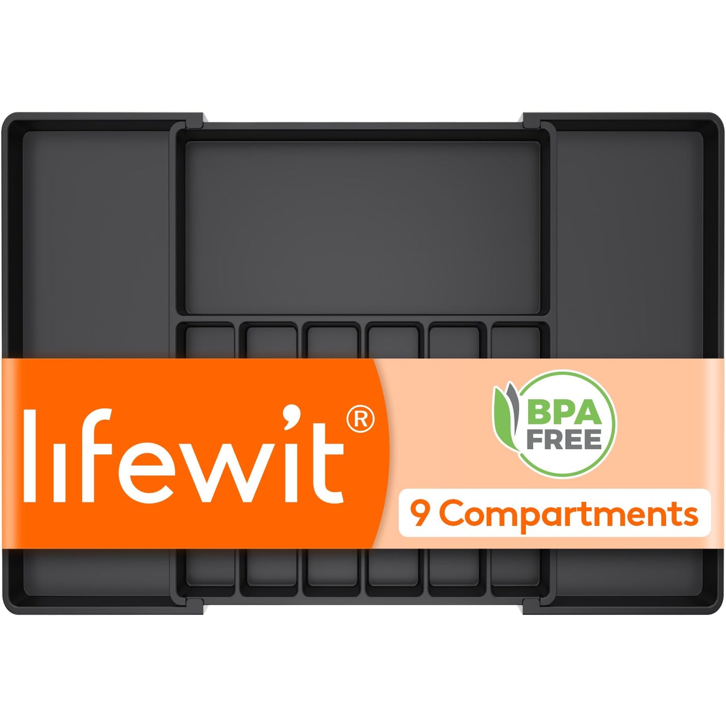 Lifewit Silverware Drawer Organizer, Expandable Utensil Tray for Kitchen, BPA Free Flatware and Cutlery Holder, Adjustable Plastic Storage for Spoons Forks Knives, 18- 33 x 18.5", Black