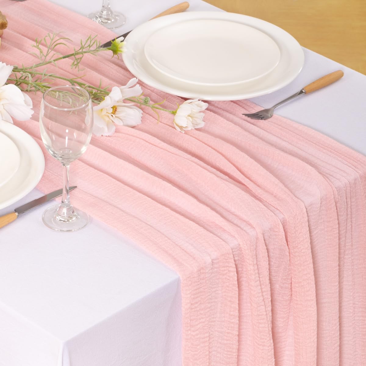 Santaben Blush Pink Cheese Cloth Table Runner Mother's Day Spring 120 Inch Soft Rustic Boho Gauze Cheesecloth Table Runner 10FT for Wedding Birthday Party Baby Shower Home Decoration