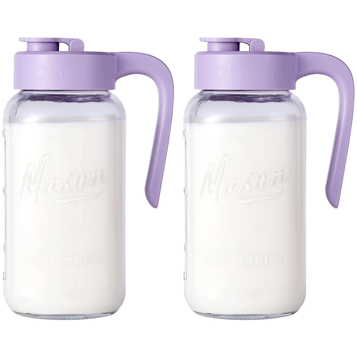 Spreccio Mason Jar Pitcher - Airtight & Leakproof Glass Pitcher with Lid[set of 2], Perfect for Breastmilk, Cold Brew, and Sun Tea, 2 Quart (64 oz) Mason Jar with Pour Spout Lid