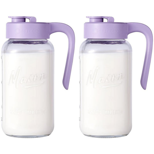 Spreccio Mason Jar Pitcher - Airtight & Leakproof Glass Pitcher with Lid[set of 2], Perfect for Breastmilk, Cold Brew, and Sun Tea, 2 Quart (64 oz) Mason Jar with Pour Spout Lid