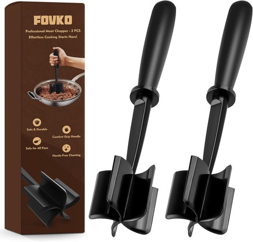 Ground Beef Chopper Tool by [Brand Name] - 2-Pack Heat-Resistant Meat Chopper with 5 Curved Blades | Non-Scratch Masher for Hamburger & Potatoes (Black)