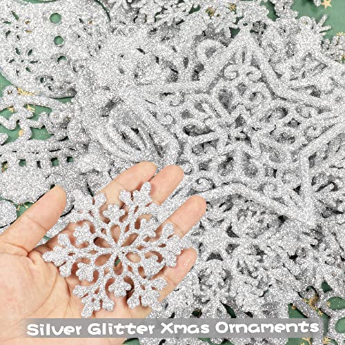 Christmas Tree Decoration Hanging Ornaments - 42 Pack Silver Glitter Snowman Reindeer Snowflake Ornaments for Christmas Holiday New Year Winter Wonderland Party Supplies