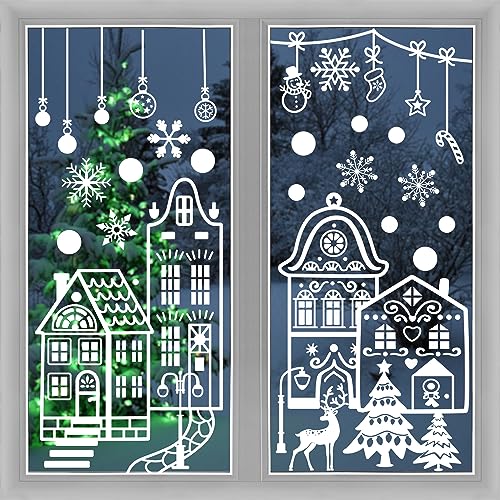 FINGOOO 56Pcs Large Christmas Window Clings - Double-Sided White House Snow Scene 4 Sheets 27.6 x 15.7 in