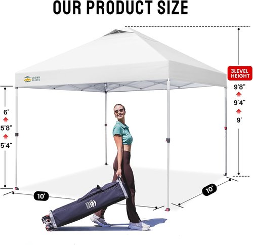 CROWN SHADES 10x10 Pop Up Canopy - Patented One Push Lock System with Storage Bag & Accessories | White