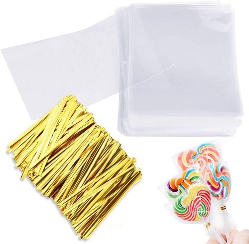 Augshy Cake Pop Bags, 300 Pcs Cellophane Treat Bags 3x5 with 300 Twist Ties 1.4 mils Thickness OPP Plastic Bags for Lollipop Candy Chocolate Cookie Wrapping Buffet