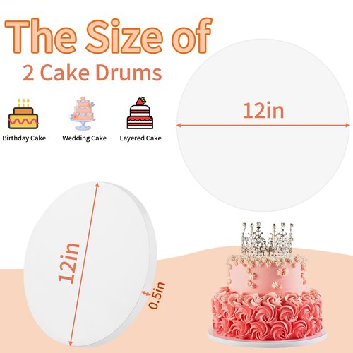 Cake Boards 12 Inch Round - Sturdy 1/2 Inch Cake Drum, 12 Inch Cake Boards,Corrugated Cake Base Cake Drums for Multi-Layer Cakes, White, 2 Pcs