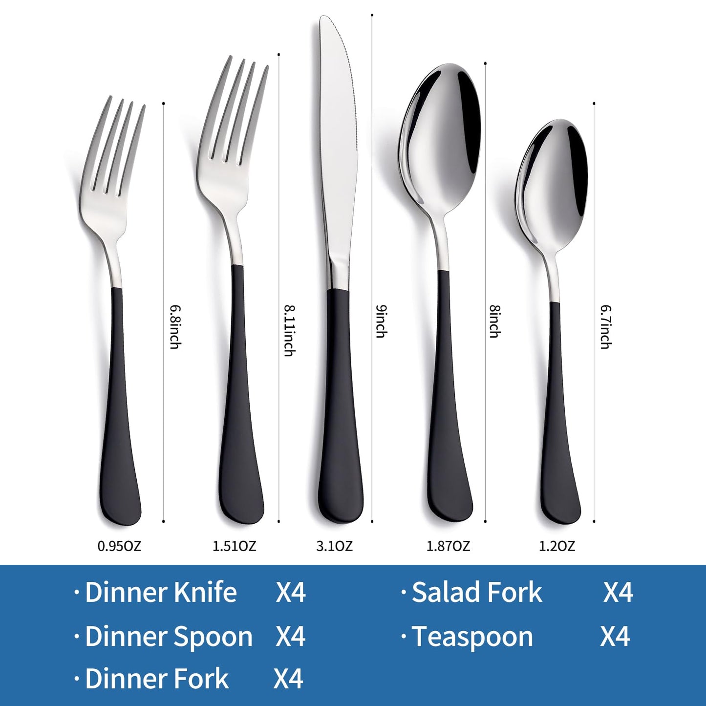 Moxinox 20-Piece Black Silverware Set, 18/0 Stainless Steel Black Handle Flatware Set, Service for 4, Modern Cutlery Set Includes Dinner Knives Forks Spoons, Mirror Polished, Dishwasher Safe
