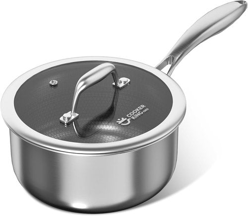COOKER KING 2 Quart Nonstick Stainless Steel Saucepan - Ceramic Coating, Induction Compatible, Dishwasher Safe