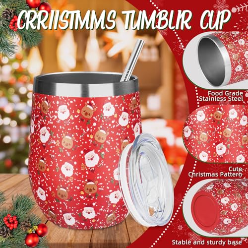 GUDEMAO 1 Pack Christmas Red 12 oz Insulated Stainless Steel Wine Tumbler with Lid & Straw