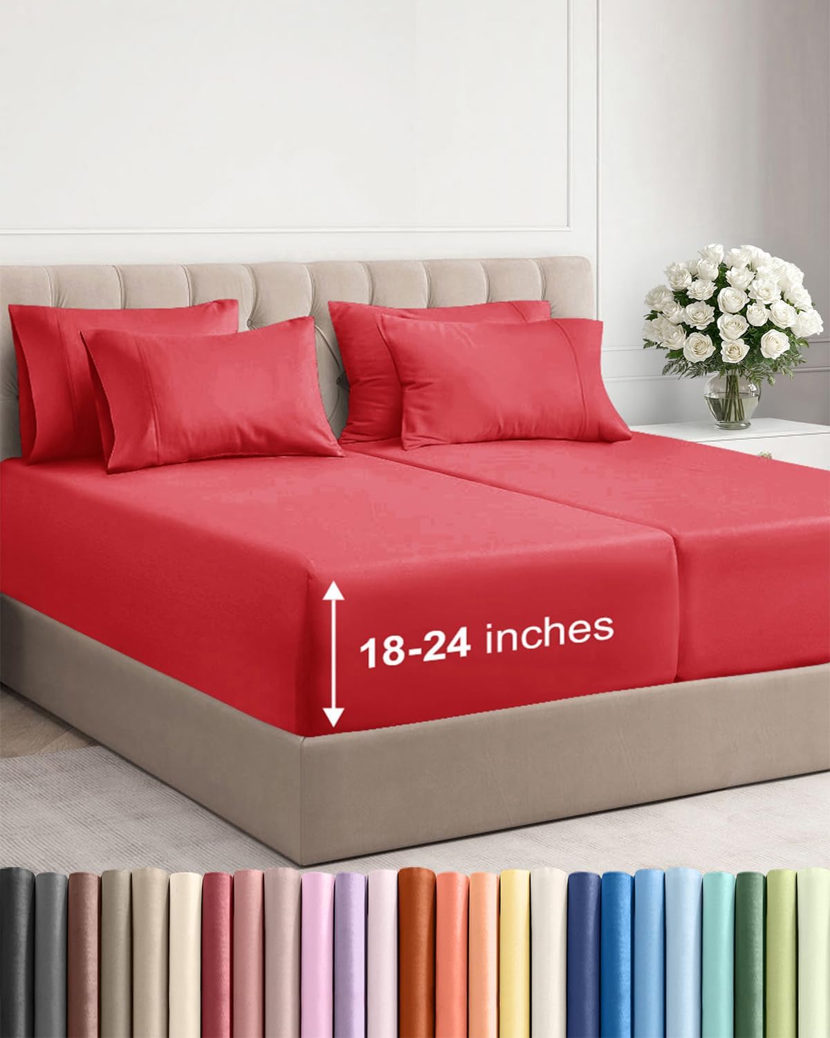 Skiennix Extra Deep Split King Sheet Set - 7 Piece Breathable Cooling Bedding - Luxurious Soft Red Sheets with Easy Secure Fit