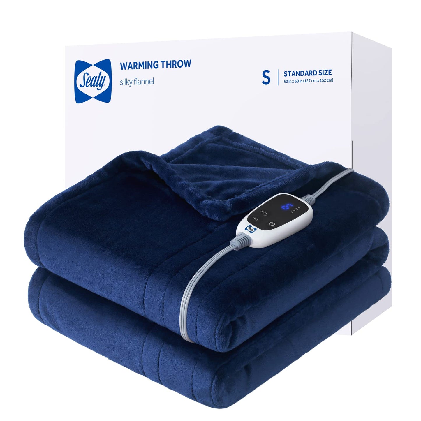 Sealy Electric Blanket Throw, Soft Flannel Heated Blanket with 6 Heat Settings & 2-10 Hours Auto Shut Off, Fast Heating & Machine Washable, 50x60 Inch, Navy