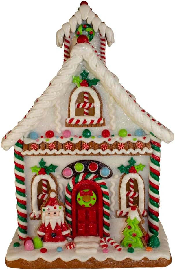 Kurt Adler 13-Inch Gingerbread House Table Piece with Santa | Festive Holiday Decor