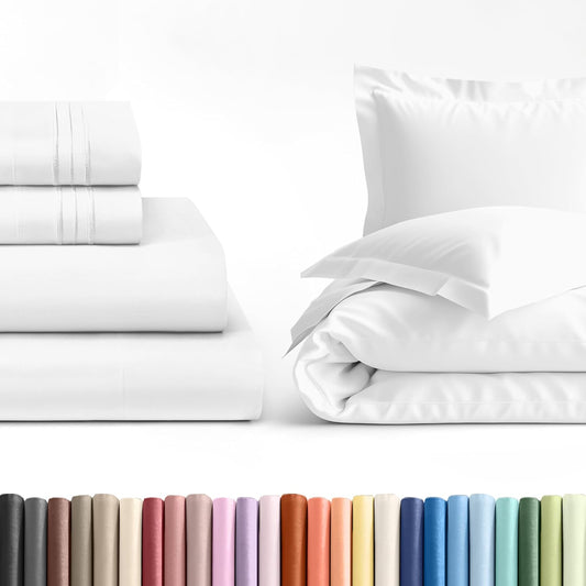 4pc White Sheet Set by Hotel Luxury | Queen Size Duvet Cover, Fitted & Flat Sheets, Pillow Cases - Breathable & Cooling Bedding