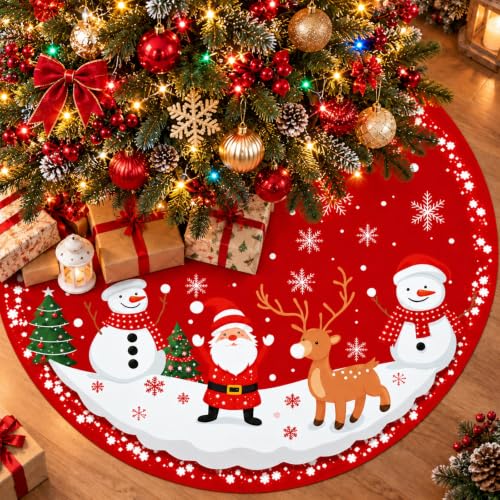 Christmassy 47in Red Christmas Tree Skirt with Santa, Snowmen & Reindeer Print