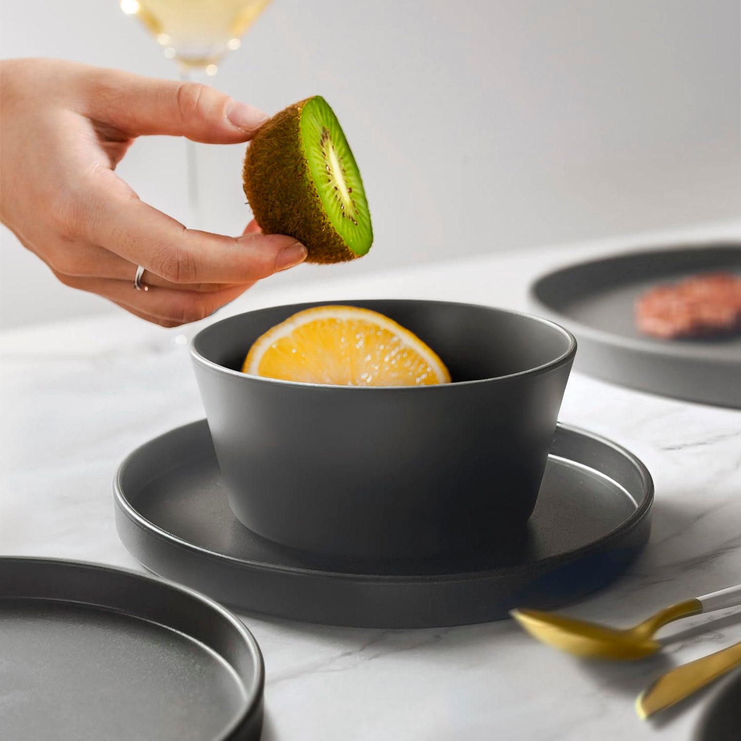 Teivio 24-Piece Kitchen Plastic Coupe Wheat Straw Dinnerware Set, Service for 6, Dinner Plates, Dessert Plate, Cereal Bowls, Cups, Unbreakable Unique Plastic Outdoor Camping RV Dishes, Black