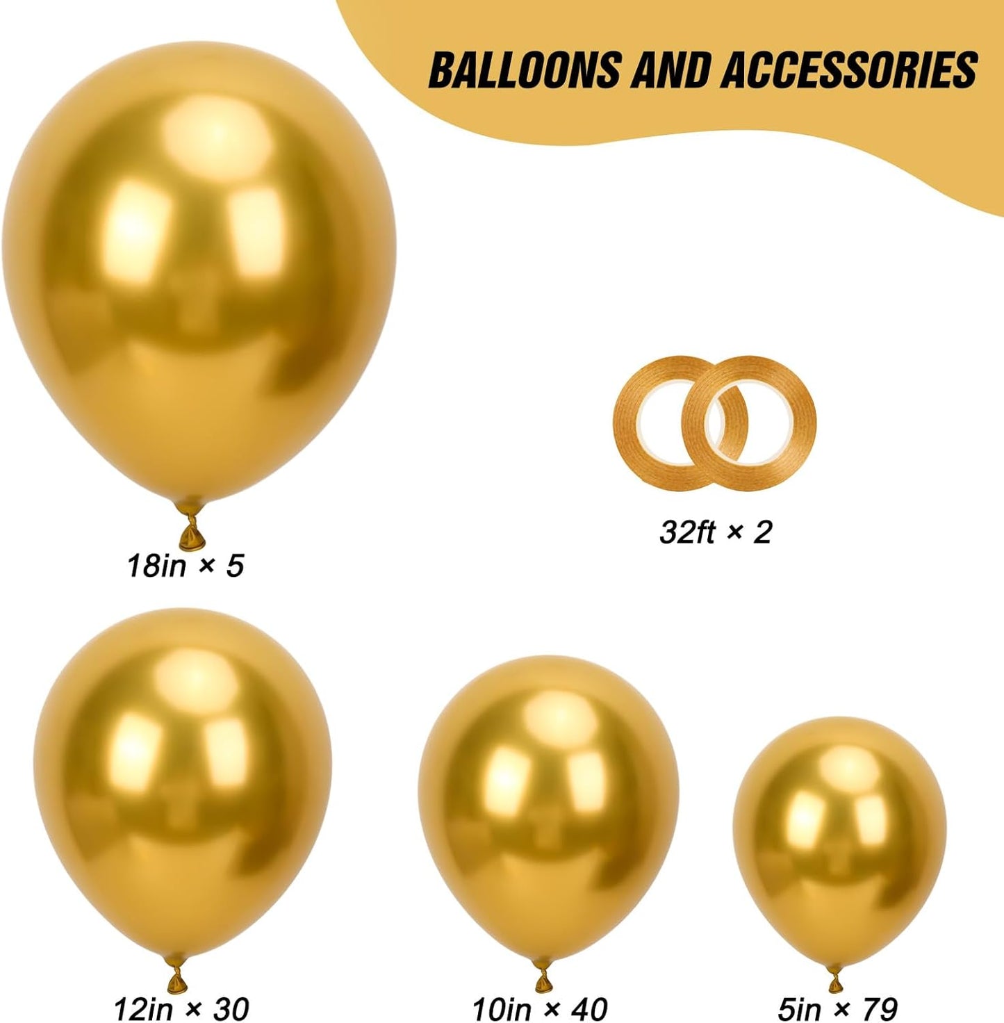 RUBFAC Metallic Gold Balloons - 154pcs Latex Balloon Garland Kit for Birthday, Graduation & Wedding Decor | 5-18 Inch Sizes