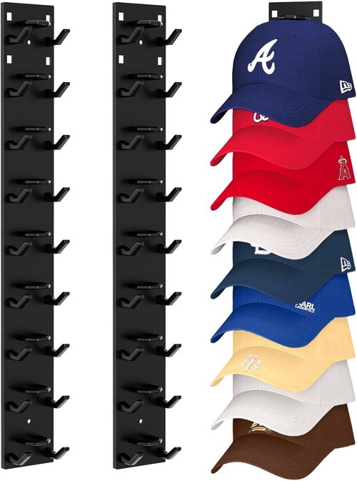 Hat Organizer by [Brand Name] - Strong Adhesive Wall Rack for 18 Baseball Caps | Multi-Layer Hooks - Black