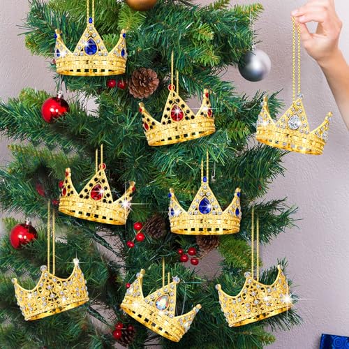 8pcs Gold Crown Christmas Ornaments Set - Metal Crystal Holiday Decorations