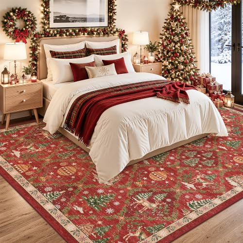 Christmas 8x10 Area Rugs for Living Room, Red Washable Xmas Bedroom