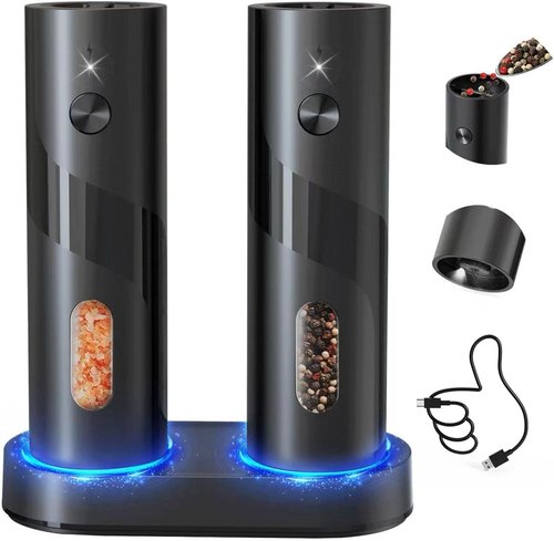 Circle Joy Electric Rechargeable Salt and Pepper Grinder Set - Automatic Mill with Adjustable Coarseness, LED | Easy-Fill Design for Home Kitchen