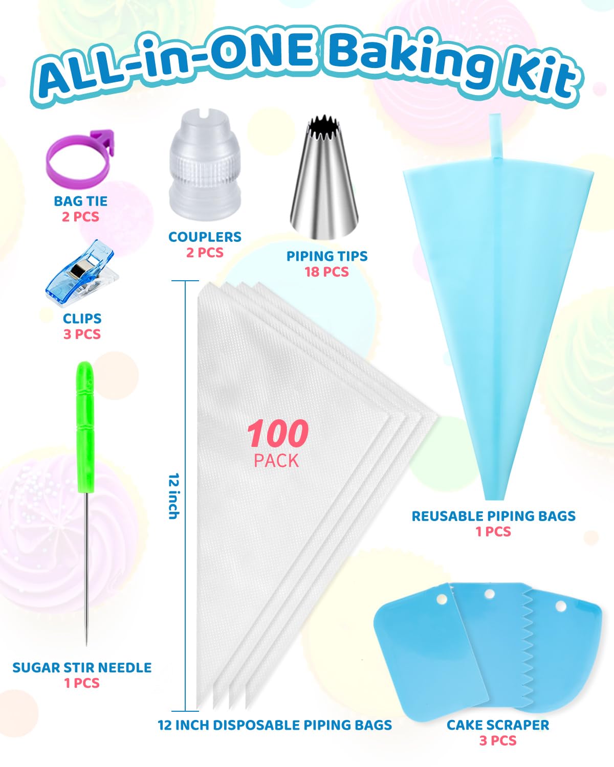130 Pcs Piping Bags and Tips Set, Cakes Decorating Kit Supplies with 100 Pcs 12 Inch Piping Bags, 1 Reusable Pastry Bags, 18 Tips, 2 Couplers, 2 Bags Ties, 3 Clips, 1 Scriber Needle, 3 Cake Scraper