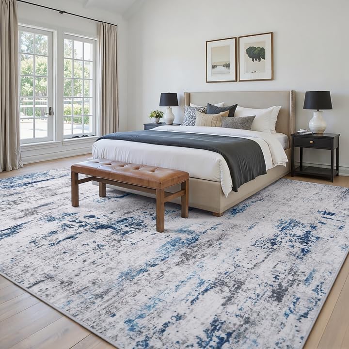 8x10 Large Washable Abstract Area Rug for Living Room - White, Gray, Blue - Non-Slip