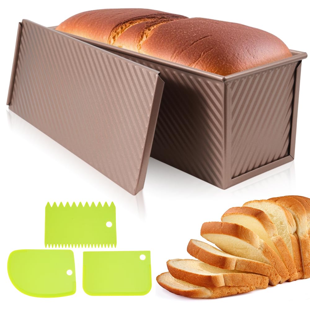FDKYOEK Large Pullman Loaf Pan with Lid, 13 x 4 Inch 2 lbs Non-Stick Rectangle Bread Pan with Lid and Dough Scraper Cutter, Reusable Sourdough Loaf Pan for Homemade Bread & Toast, Rose Gold